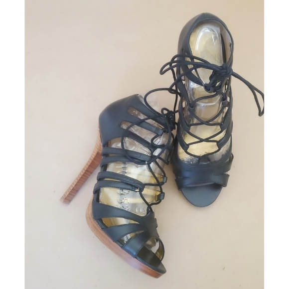 bebe Black Leather Lace-up Heels - Picture 6 of 6